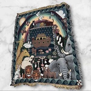 Vtg American Weavers Noahs Ark Tapestry Afghan Throw Blanket Approx 46” X 58”
